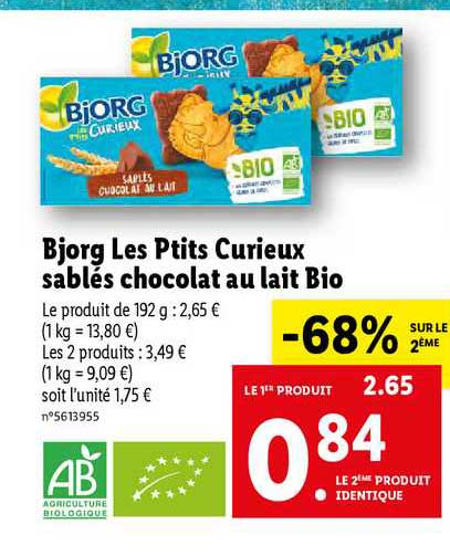 bjorg les ptits curieux sables chocolat au lait bio