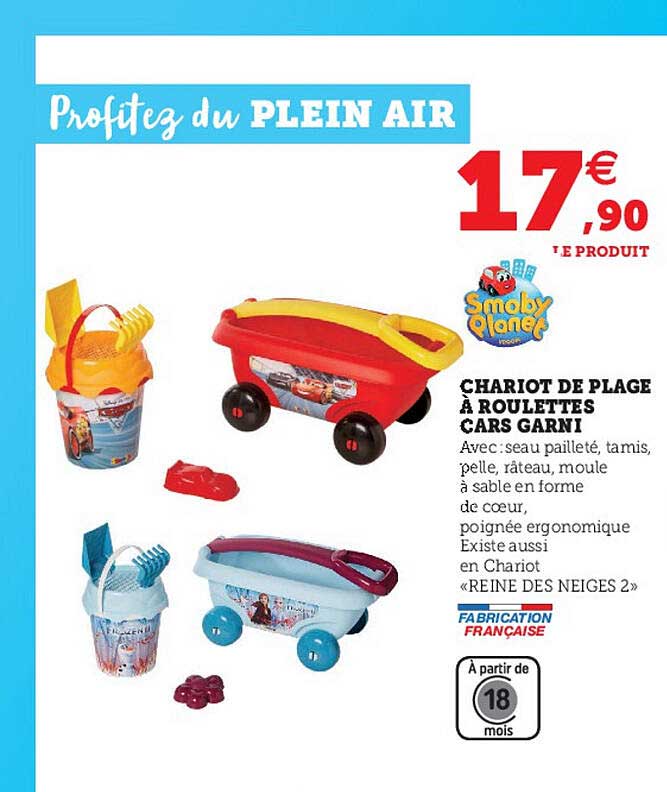 chariot de plage à roulettes cars garni smoby planet
