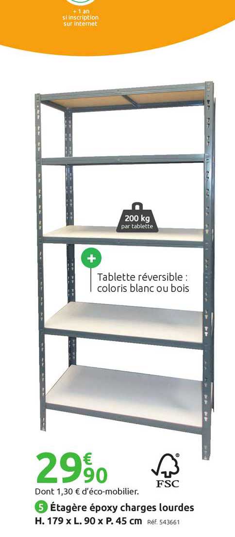 étagère époxy charges lourdes h.179 x l. 90 x p. 45 cm