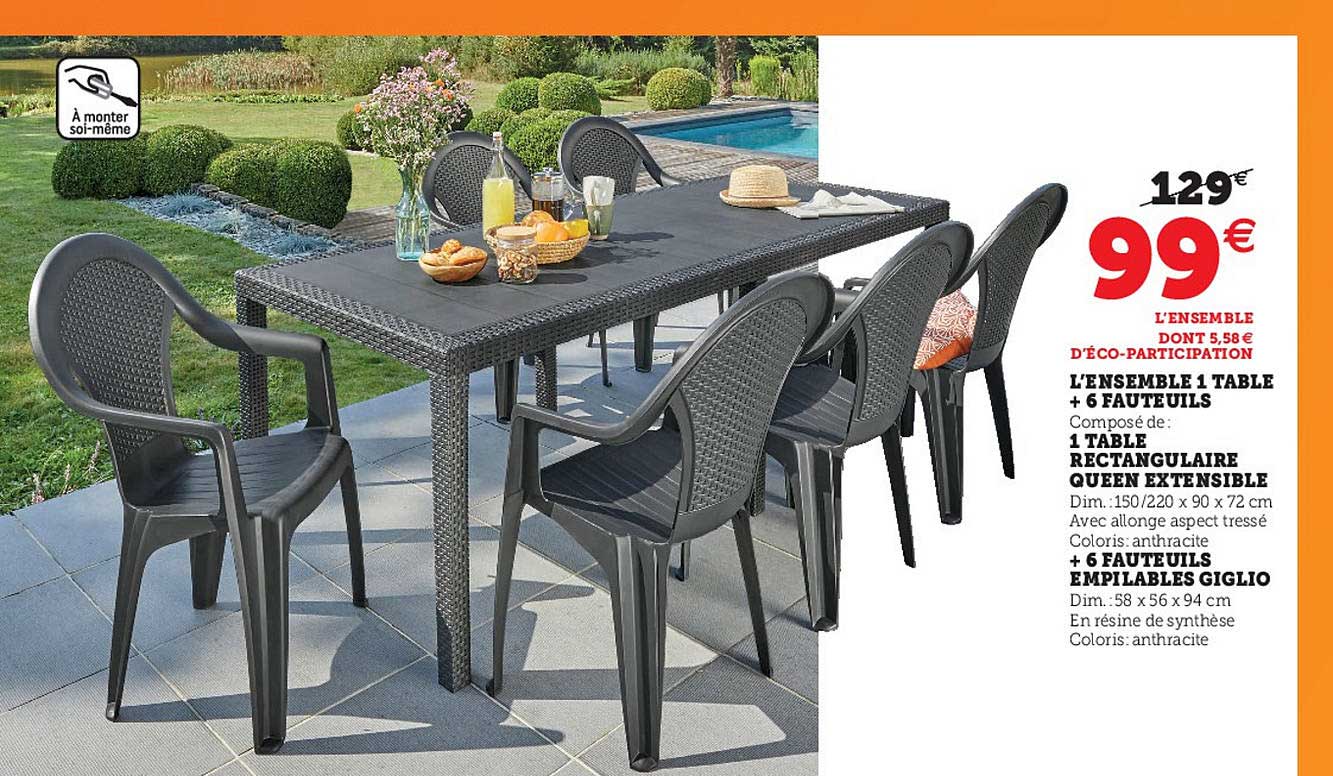 l'ensemble 1 table + 6 fauteuils : 1 table réctangulaire queen extensible + 6 fauteuils empilables giglio