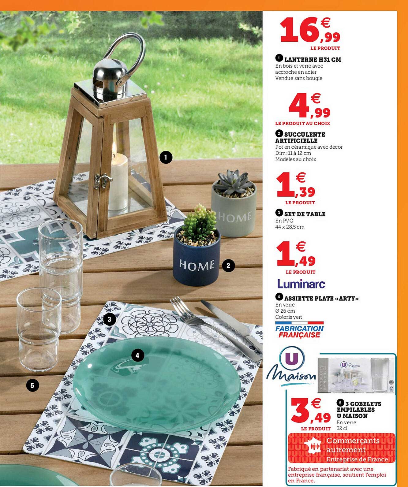 lanterne h31 cm, succulente artificielle, set de table, assiette plate «arty», 3 gobelets empilables u maison