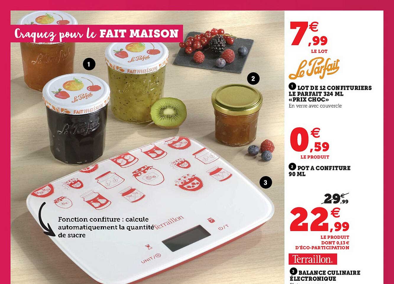 lot de 12 confituriers le parfait 324 ml «prix choc», pot à confiture 90 ml, balance culinaire électronique terraillon