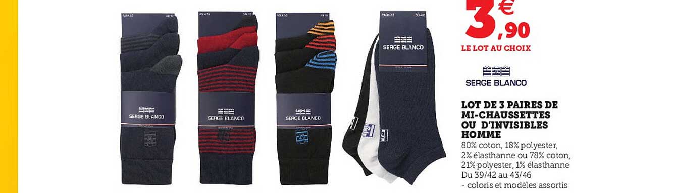 lot de 3 paires de mi-chaussettes ou d'invisibles homme