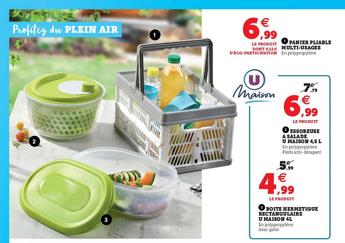 panier pliable multi-usages, essoreuse à salade u maison 4,5 l, boîte hermétique rectangulaire u maison 4l