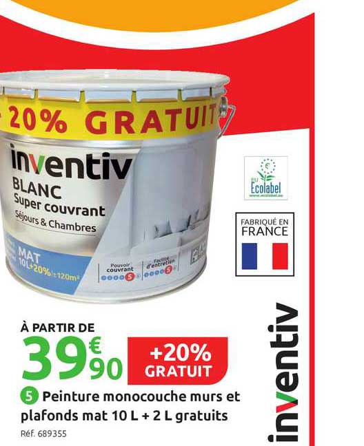 peinture monocouche murs et plafonds mat 10 l + 2 l gratuits
