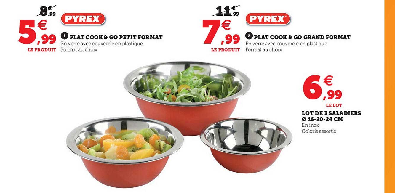 plat cook & go petit format, plat cook & go grand format, lot de 3 saladiers 16-20-24 cm pyrex