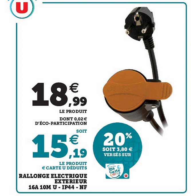 rallonge électrique extérieur 16a 10 m u - ip44 - nf