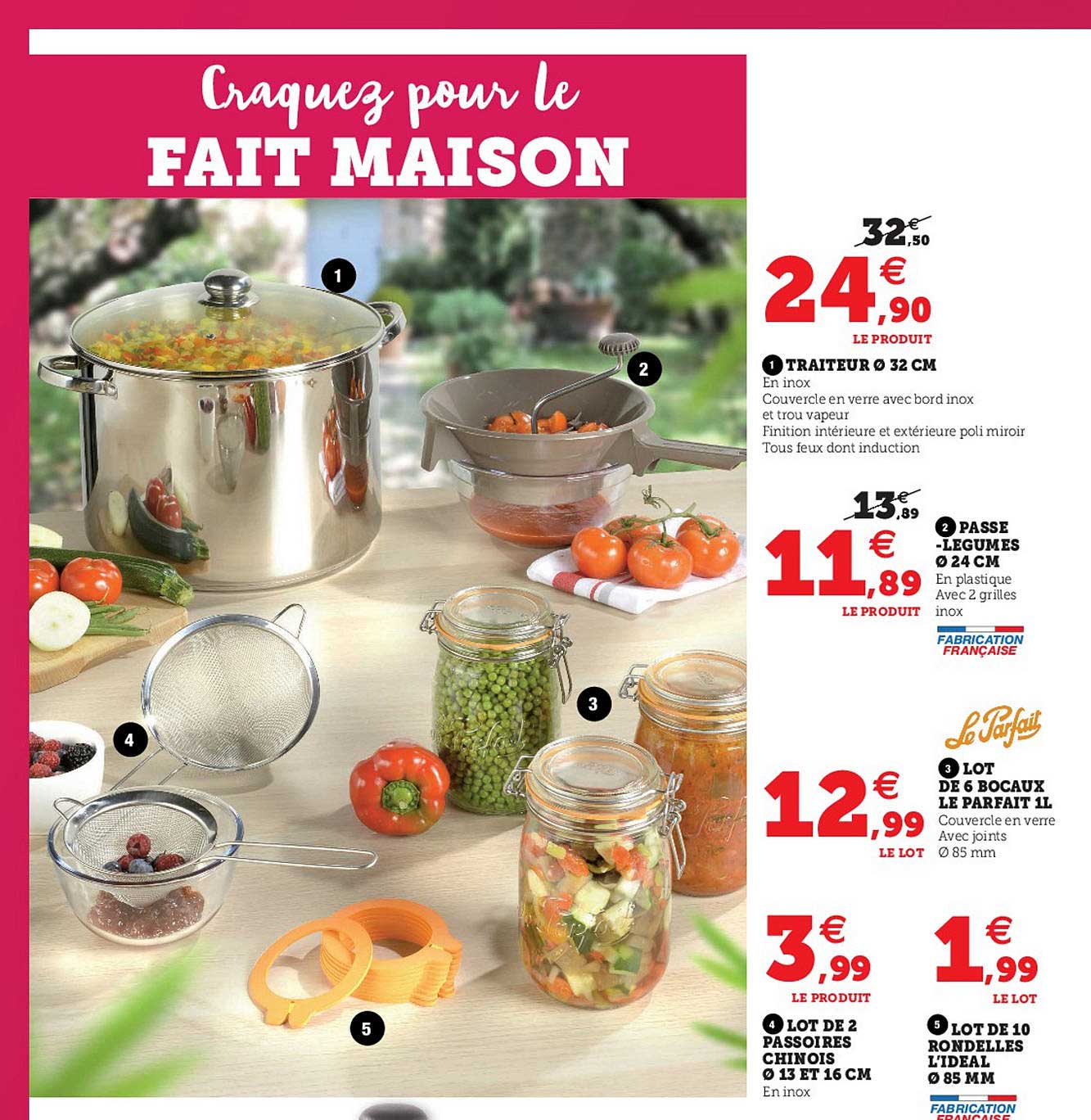 traiteur 32 cm, passe-légumes 24 cm, lot de 6 bocaux le parfait 1 l, lot de 2 passoires chinois 13 et 16 cm, lot de 10 rondelles l'idéal 85 mm