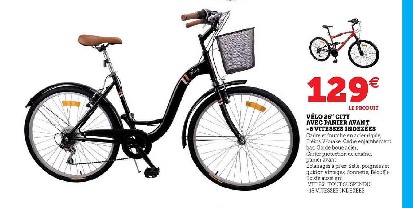 vélo 26" city avec panier avant - 6 vitesses indexées