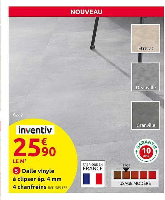 dalle vinyle à clipser ép. 4 mm 4 chanfreins inventiv