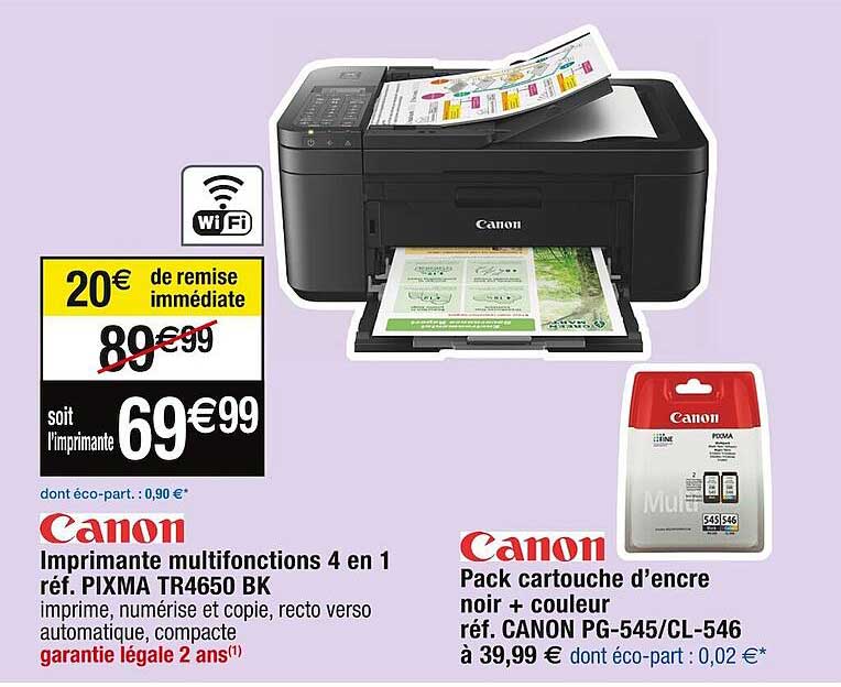 imprimante multifonctons 4 en 1 canon, pack cartouche d'encre noir + couleur canon
