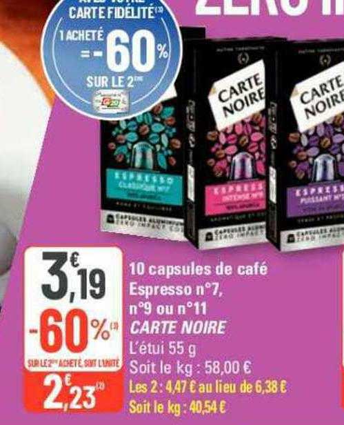 10 Capsules De Café Espresso N°7, N°9 Ou N°11 Carte Noire