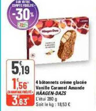 4 bâtonnets crème glacée vanille caramel amande häagen-dazs