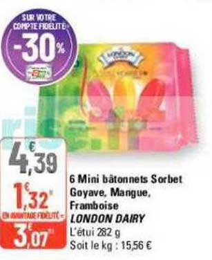 6 Mini Bâtonnets Sorbet Goyave, Mangue, Framboise London Dairy