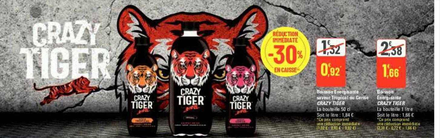 boisson énergisante saveur tropical ou cerise crazy tiger, boisson énergisante crazy tiger