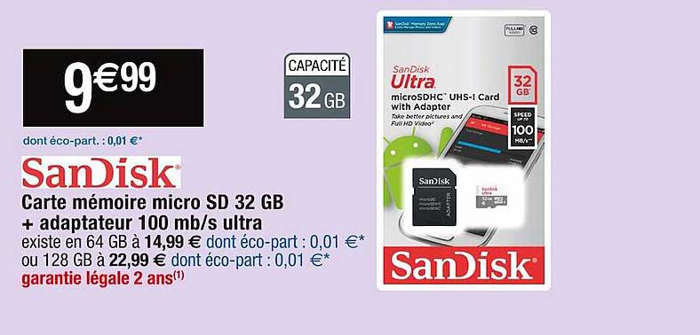 carte mémoire micro sd 32 gb + adaptateur 100 mb-s ultra sandisk