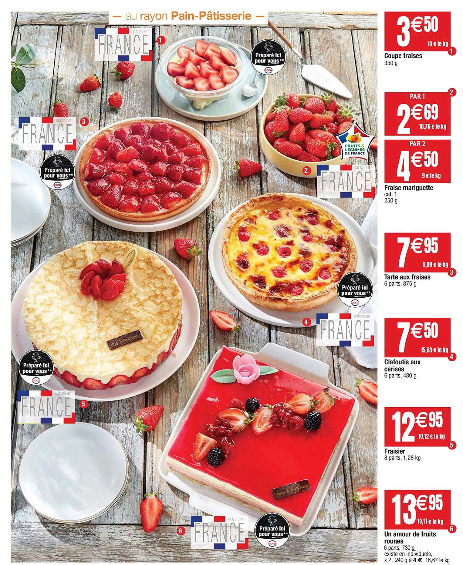coupe fraises, fraise mariguette, tarte aux fraises, clafoutis aux cerises, fraisier, un amour de fruits rouges