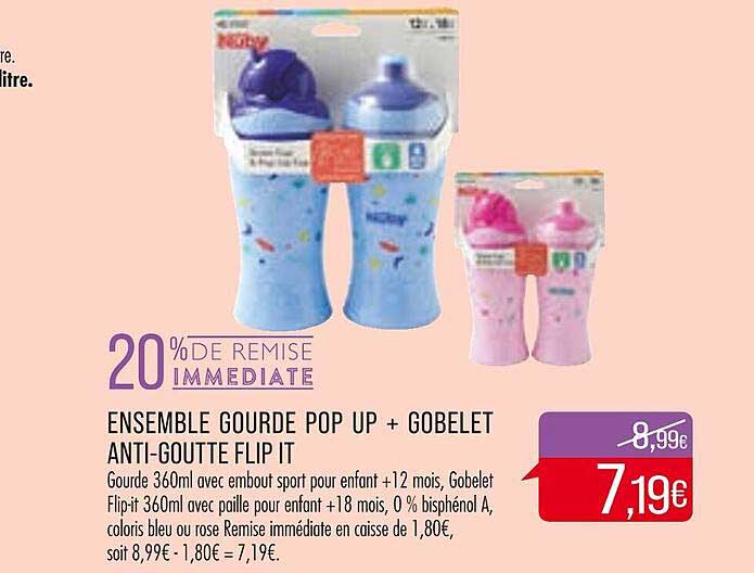 ensemble gourde pop up + gobelet anti-goutte flip it
