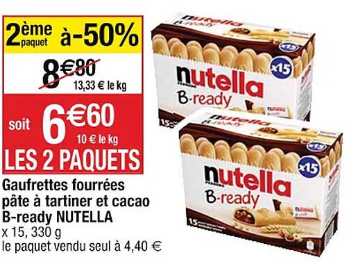 gaufrettes fourrées pâte à tartiner et cacao b-ready nutella