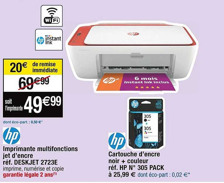 imprimante multifonctions jet d'encre hp, cartouche d'encre noir + couleur hp