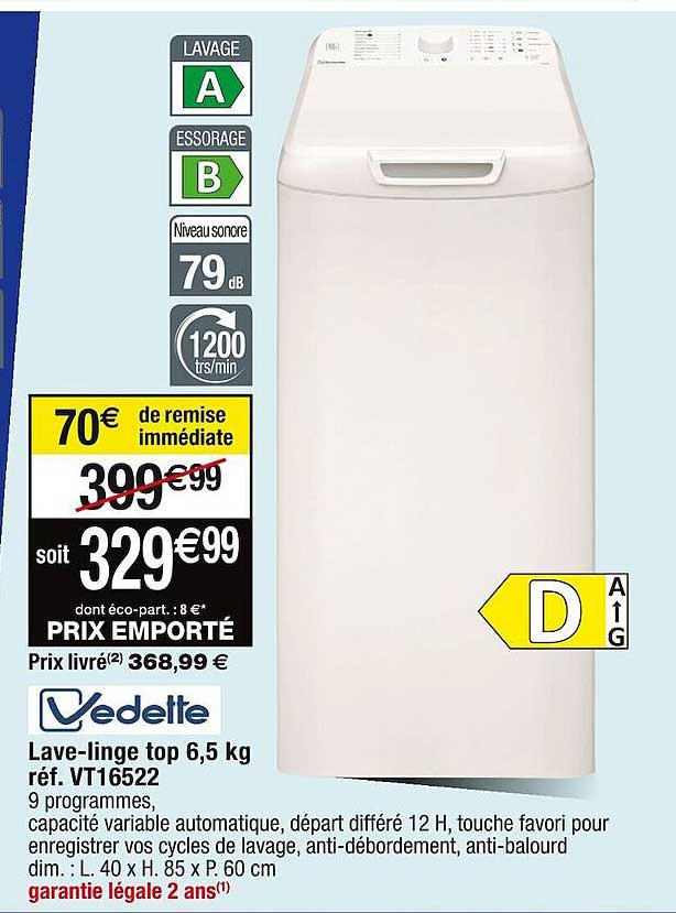lave-linge top 6,5 kg vedette
