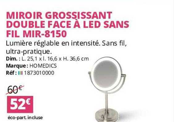 miroir grossisant double face à led sans fil mir-8150 homedics