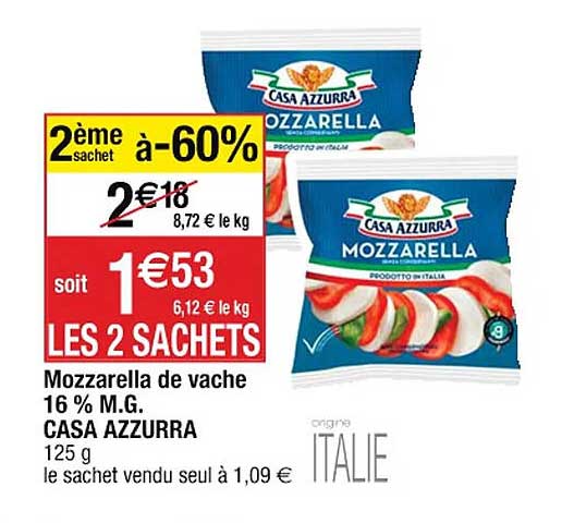 mozzarella de vache 16% m.g. casa azzurra