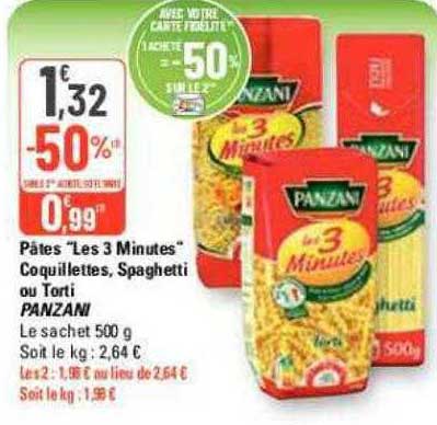 pâtes "les 3 minutes" coquillettes, spaghetti ou torti panzani