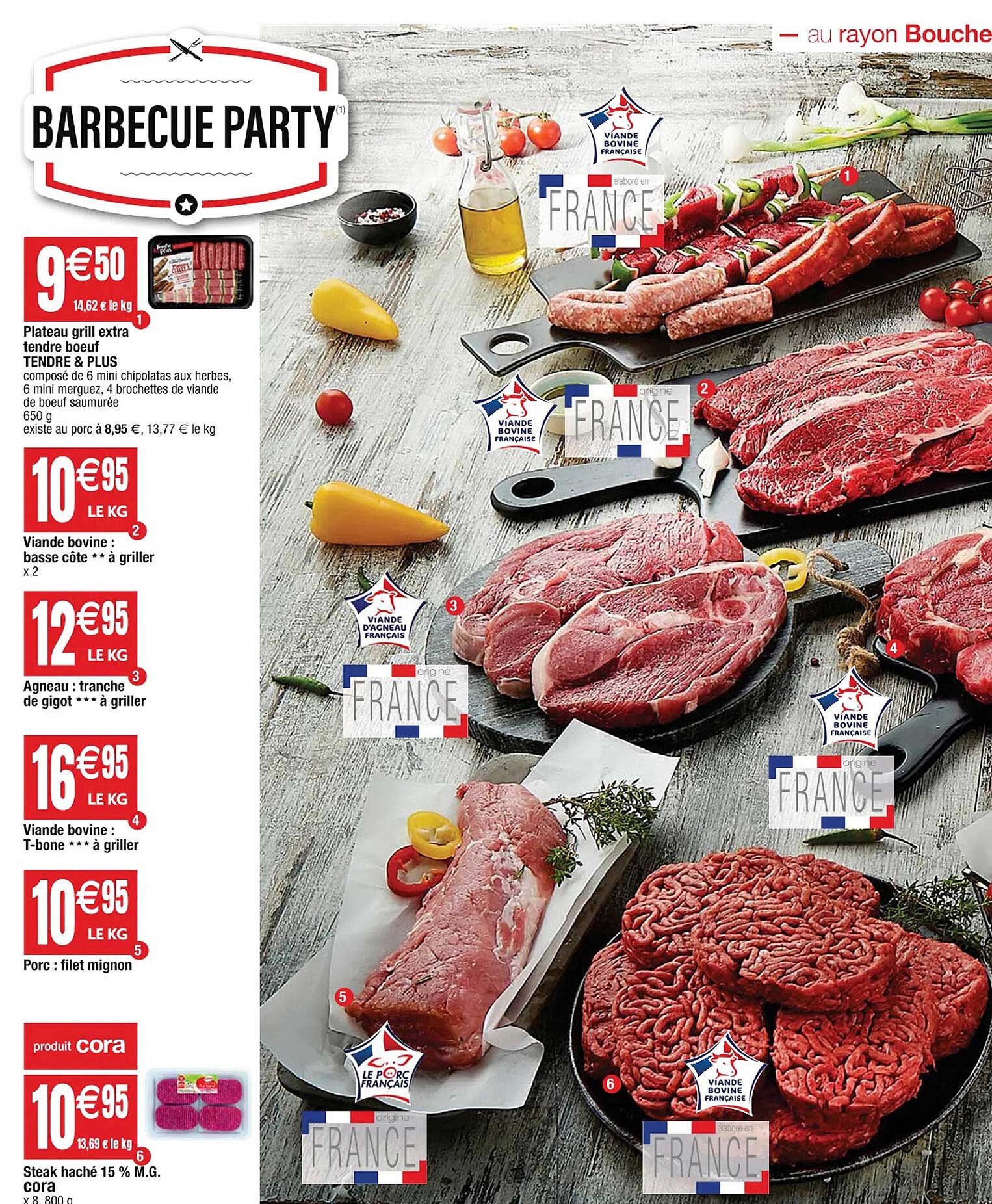 plateau grill extra tendre bœuf tendre & plus, viande bovine : basse côte**à griller, agneau : tranche de gigot***à griller, viande bovine : t-bone***à griller, porc : filet mignon, steak haché 15%