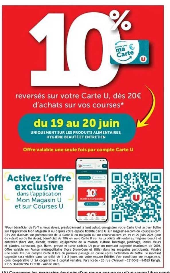 10% reversés sur votre Carte U