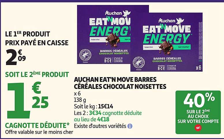 AUCHAN EAT'N MOVE BARRES CÉRÉALES CHOCOLAT NOISETTES