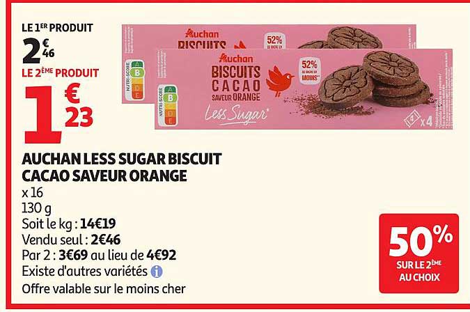 AUCHAN LESS SUGAR BISCUIT CACAO SAVEUR ORANGE