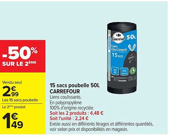 Carrefour 15 sacs poubelle 50L