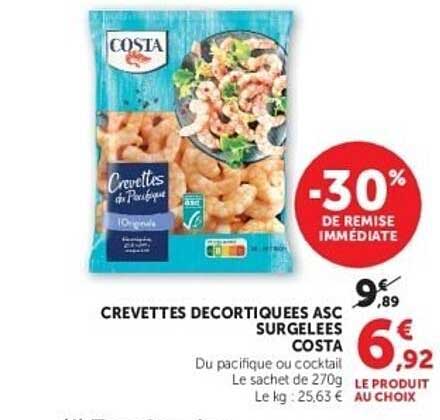 COSTA Crevettes décortiquées ASC surgelées