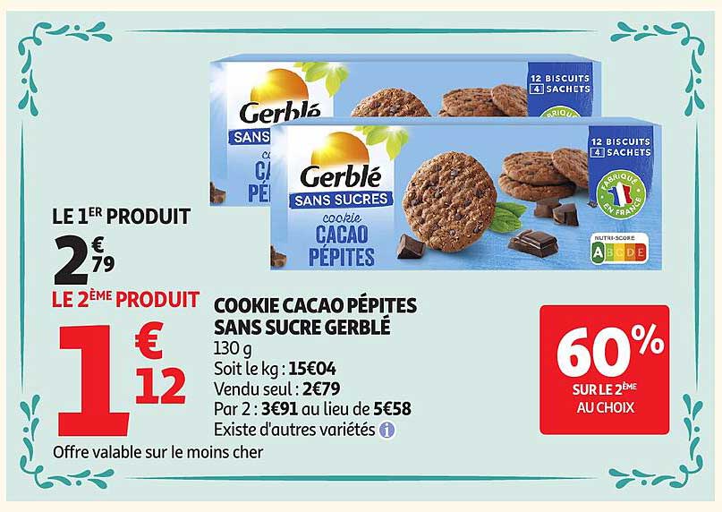 Gerblé Cookie cacao pépites sans sucres