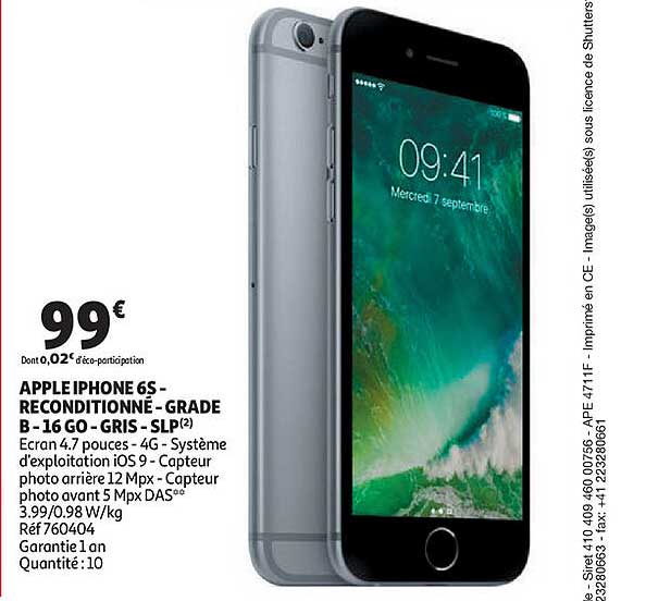 apple iphone 6s - reconditionné - grade - - 16 go - gris - slp