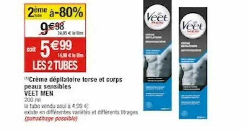 crème dépilatoire torse et corps peaux sensibles veet men