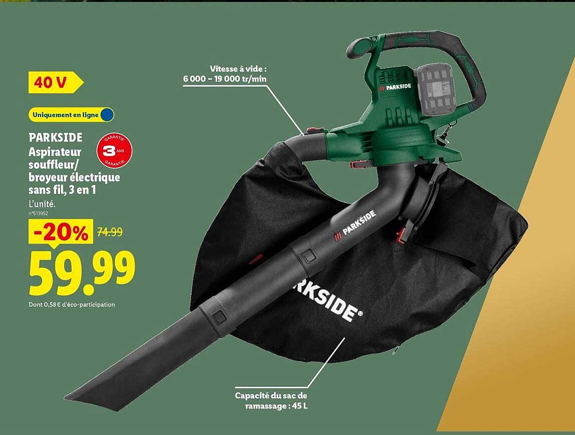 PARKSIDE Aspirateur souffleur/broyeur électrique sans fil 3 en 1