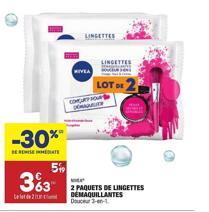 2 paquets de lingettes démaquillantes nivea -30% de remise immédiate