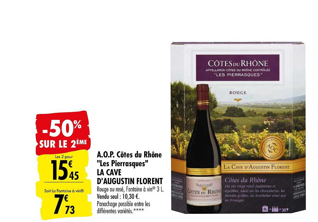 a.o.p. côtes du rhône les pierrasques la cave d'augustin florent -50% sur le 2ème