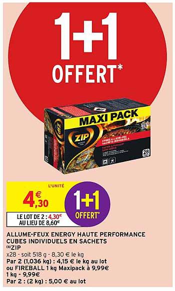 allume feux energy haute performance cubes individuels en sachets zip  1+1 offert