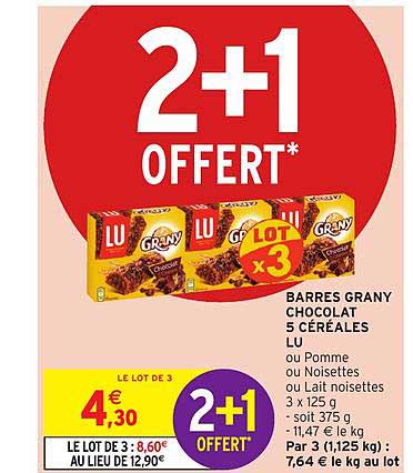 barres chocolat 5 céréales grany lu  2+1 offert