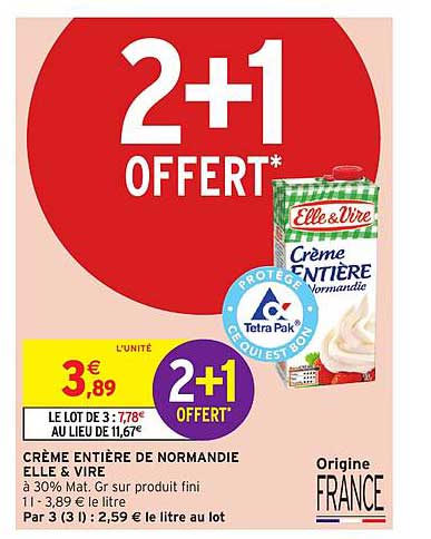 crème entière de normandie elle&vire 2+1 offert