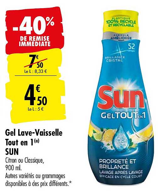 Gel Lave Vaisselle Sun Tout En 1 -40% De Remise Immédiate