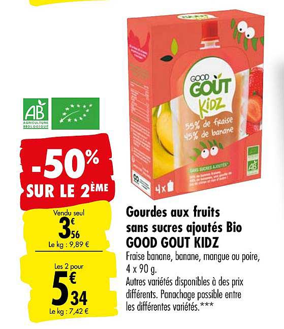 gourdes aux fruits sans sucres ajoutés bio good gout kidz -50% sur le 2ème