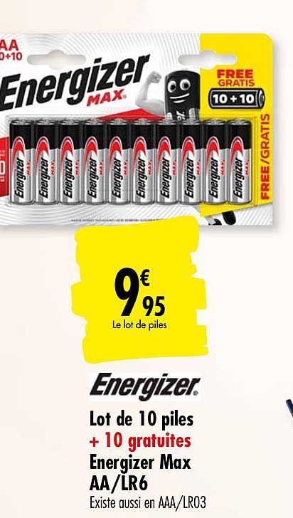 lot de 10 piles +10 gratuites energizer max aa lr6