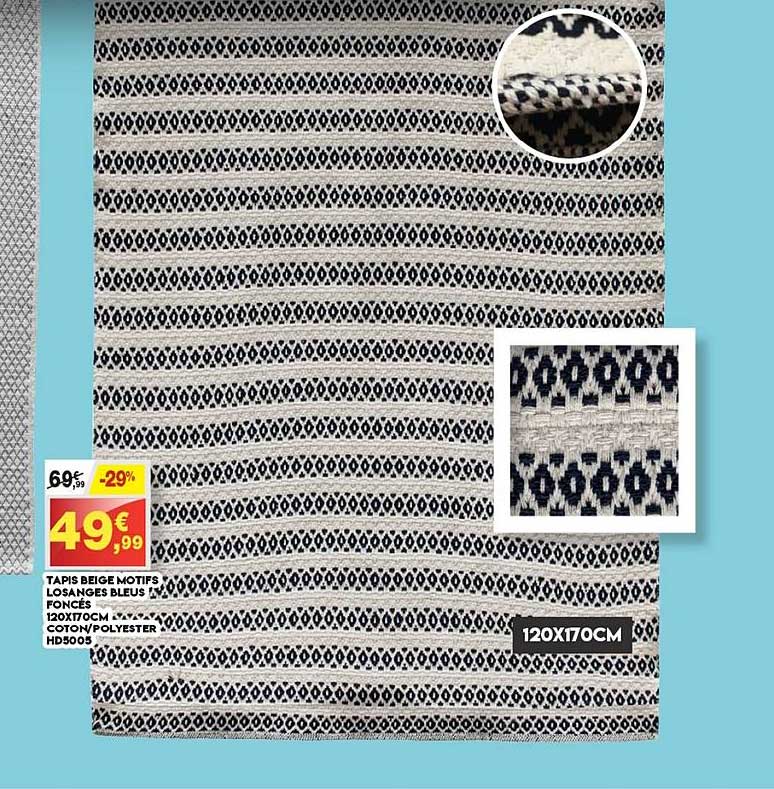 Tapis Beige Motifs Losanges Bleus Foncés