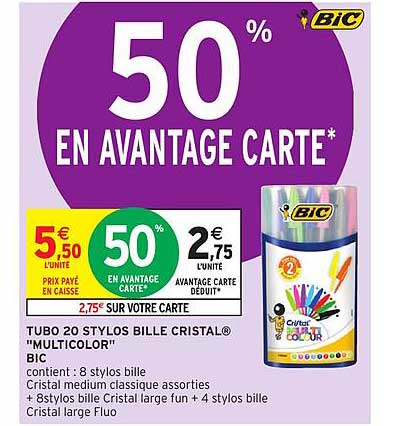 Tube De 20 Stylos Bille Cristal Multicolor Bic