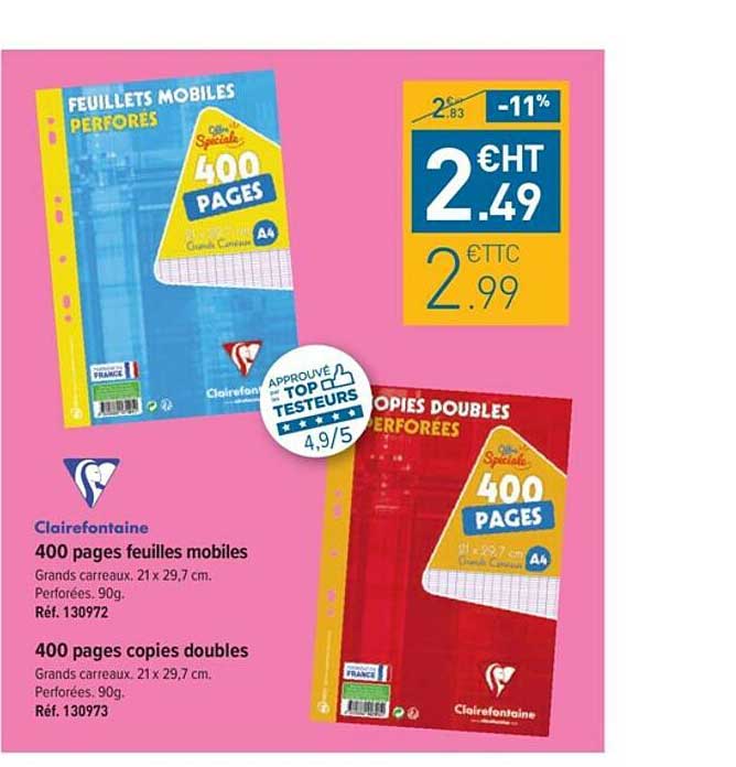 400 Pages Feuilles Mobiles, 400 Pages Copies Double Clairefontaine