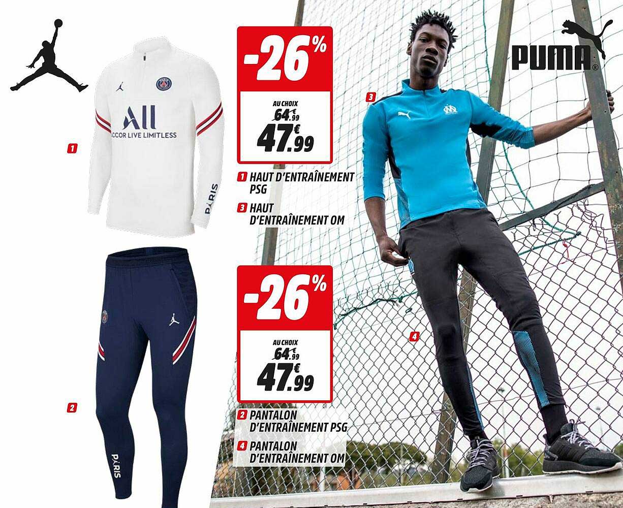 haut d'entraînement psg, haut d'entraînement om, pantalon d'entraînement psg, pantalon d'entraînement om
